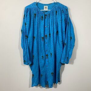 AISH Long Sleeve Button Down Tunic Dress Womens O/S Blue Cotton Made In India